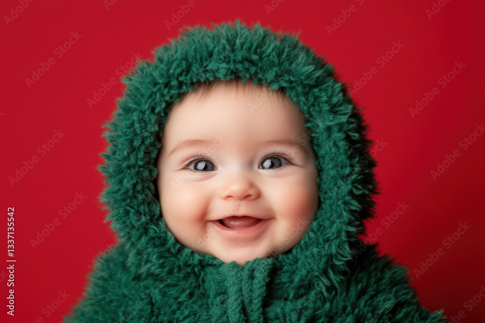 Baby smiling and wearing green fluffy clothes on red background Baby smiling and wearing green fluffy clothes on red background