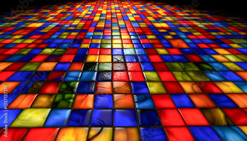 closeup view of vibrant mosaic tiles glossy surface reflecting dramatic lighting intricate patterns rich hues deep shadows intense contrast textured details artistic composition dynamic floor shine