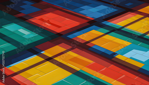vivid mosaic tiles in bold hues gleam under dramatic lighting intricate patterns glossy surface low-angle floor perspective deep shadows glowing reflections vibrant textures artistic geometric sleek