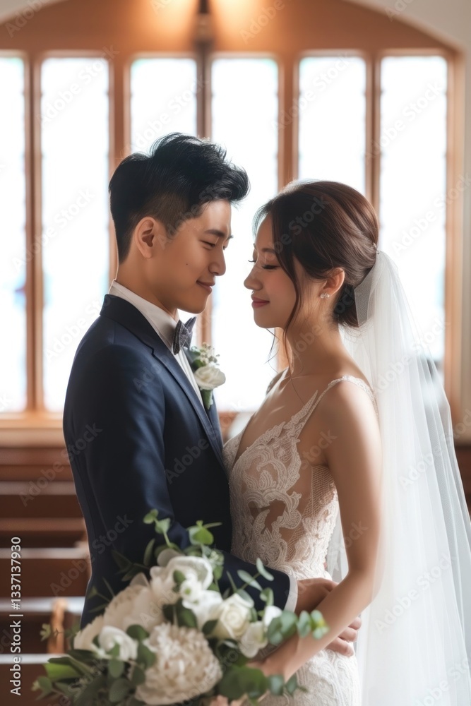 Φωτογραφία Asian bride and groom at church wedding fashion dress.