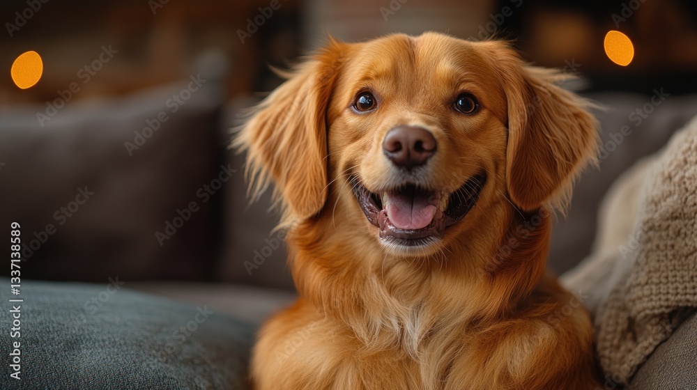 Obraz premium Adorable Golden Retriever Puppy Posing on Cozy Sofa