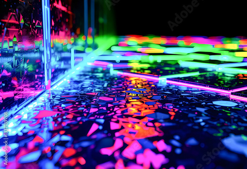 closeup view of vibrant mosaic tiles glossy surface reflecting dramatic light deep shadows rich textures intricate patterns bold colors intense contrast artistic geometric abstract immersive unique