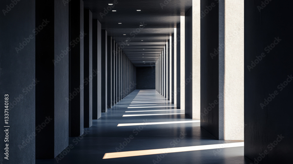 Fototapeta premium Empty gallery hall with inclined columns, black walls and backlight. Modern corridor or hallway interior of house, office or museum building, vector realistic illustration