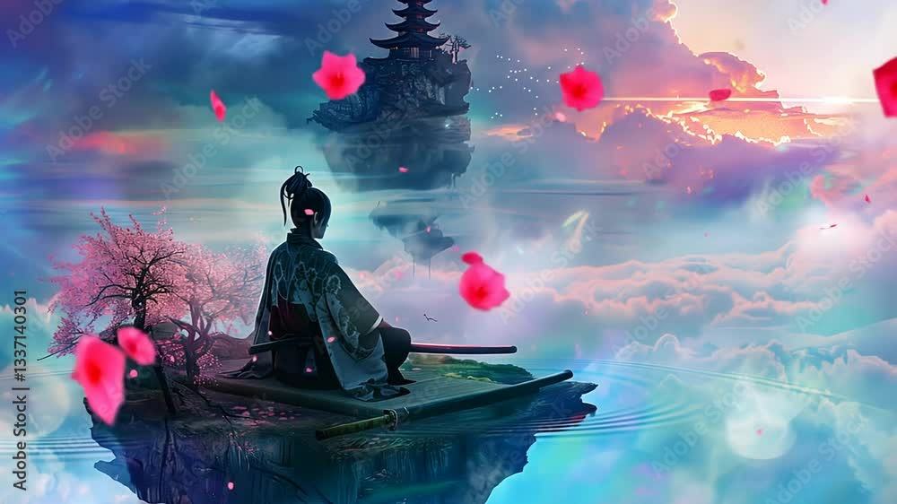 Buddhistischer Mönch meditiert in einer mystischen Landschaft