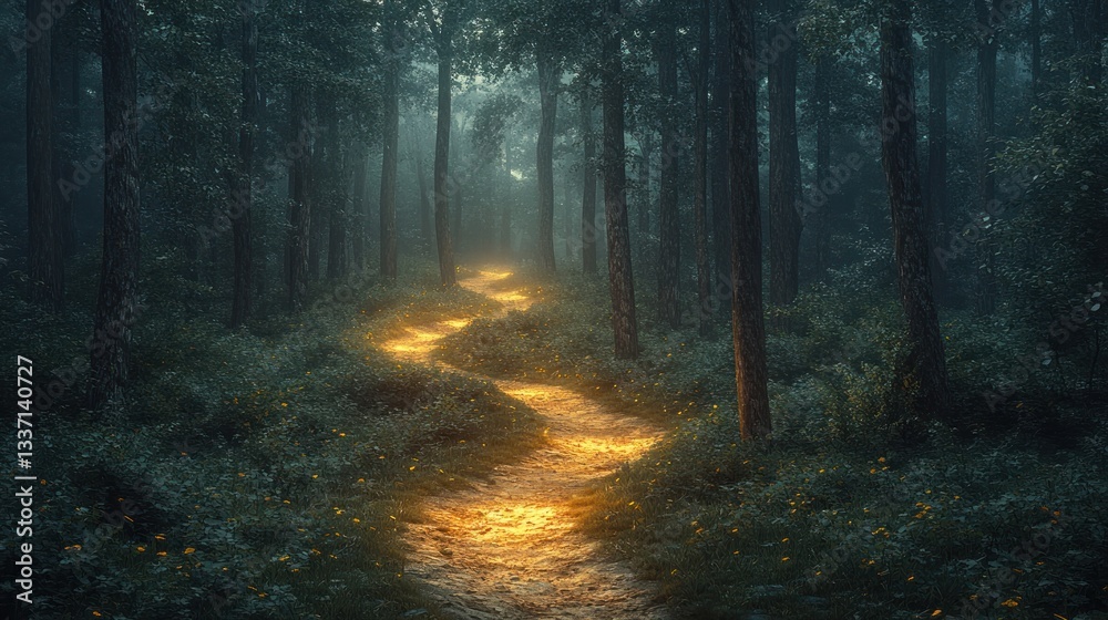 Fototapeta premium Enchanted Forest Path: A Glowing Trail Through Mystical Woods