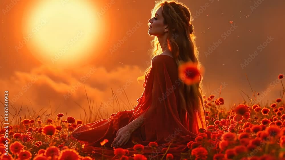 Romantisches Mädchen sitzt in einem roten Sonnenuntergangsfeld