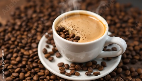 A close-up of a cup of coffee with roasted coffee beans beside it, showcasing a warm, aromatic beverage perfect for a morning breakfast