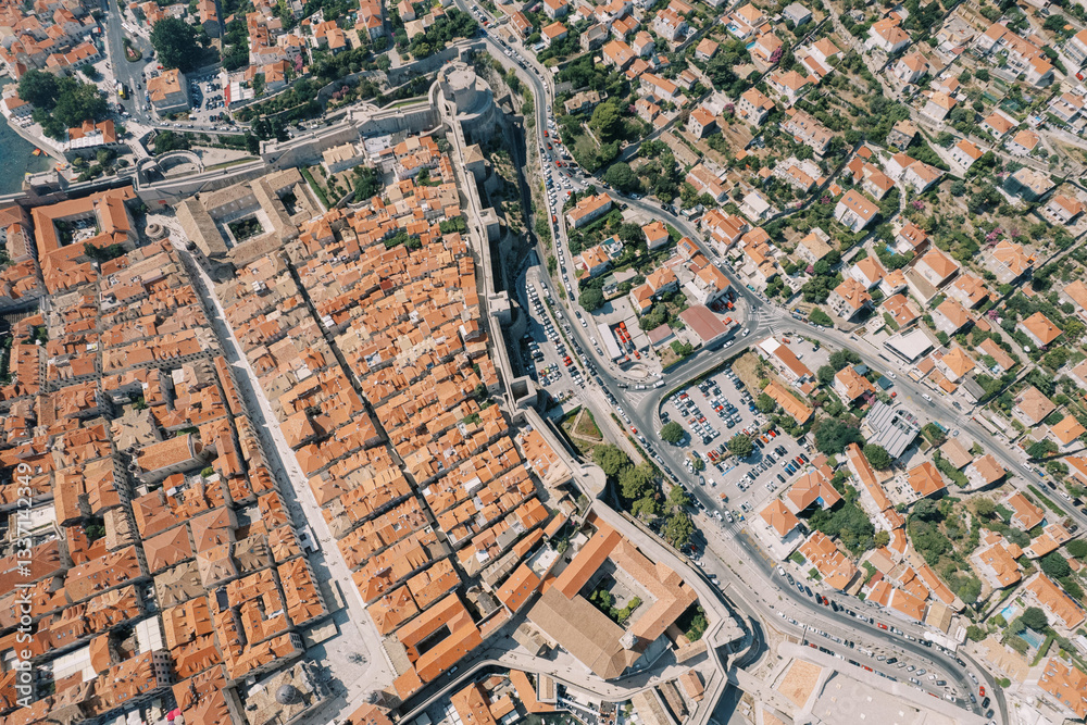 Fototapeta premium High fortress wall separating the old and new parts of Dubrovnik. Croatia. Drone