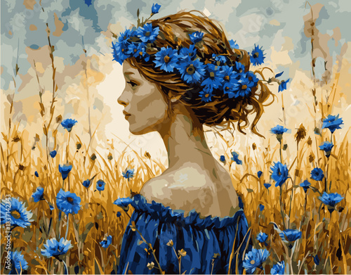 A girl with a wreath on her head in a cornflower field. Vector graphics. EPS.