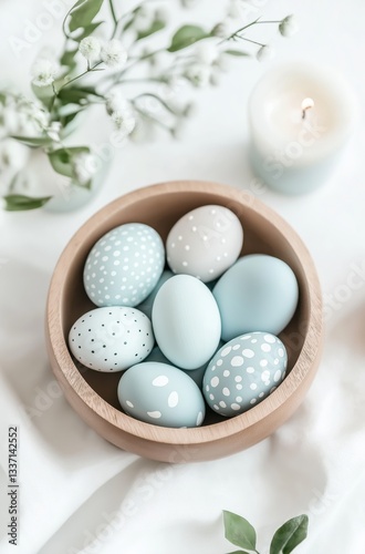 Pastel blue easter eggs in wooden bowl surrounded by greenery and candlelight for a serene spring decor aesthetic