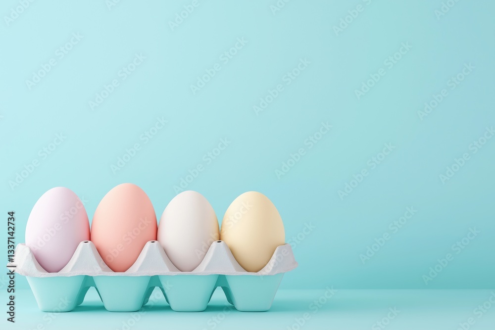 Fototapeta premium Pastel easter eggs in a carton against a soft blue background for spring celebrations and seasonal decor themes