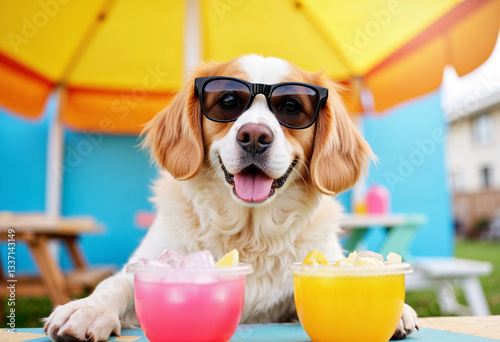Dog sitting at a kids’ lemonade stand, wearing sunglasses