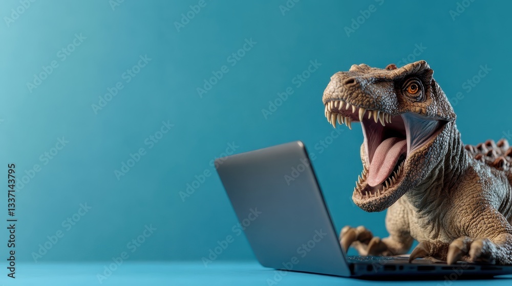 Fototapeta premium A cartoonish dinosaur character interacts with a laptop, presenting a whimsical and humorous blend of technology and prehistoric life in a colorful setting.