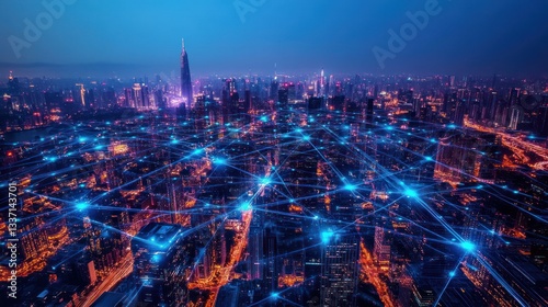 Night city skyline connected by digital network. Aerial view. Stock photo