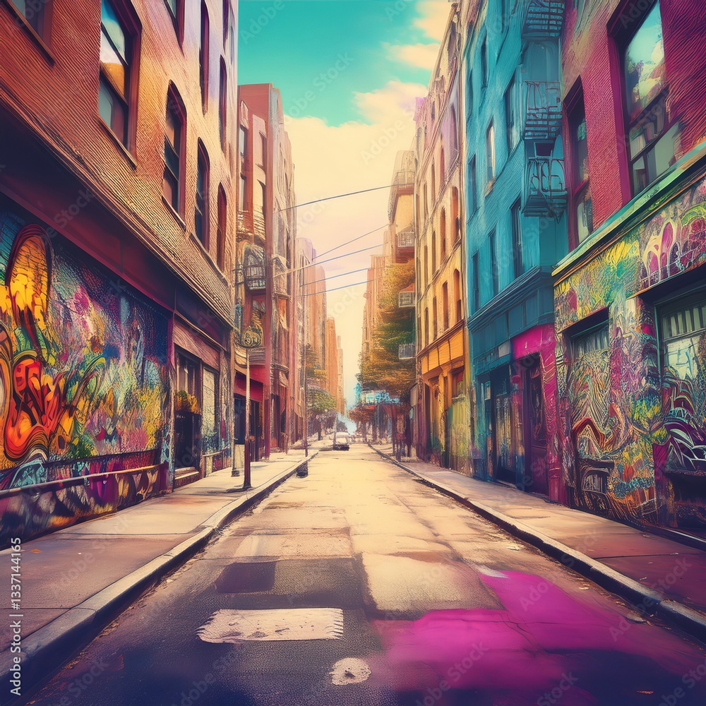 Fototapeta premium Comic cartoon urban street scene with diverse architectural styles