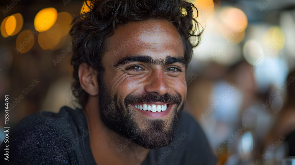 Joyful Gaze: A portrait of a smiling man with striking features and captivating eyes, the essence of genuine happiness and warm personality. Joyful Gaze: A portrait of a smiling man with striking features and captivating eyes, the essence of genuine happiness and warm personality.