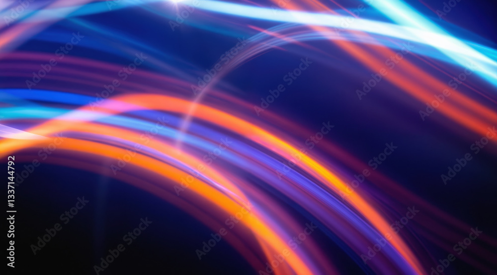 Obraz premium Abstract neon light motion with vibrant blue and orange electric waves. Futuristic digital curved energy streams luminous swirls against dark background. Dynamic flowing beams with glowing trails