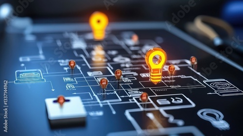 startup innovation concept. Digital circuit board with glowing elements and connections.