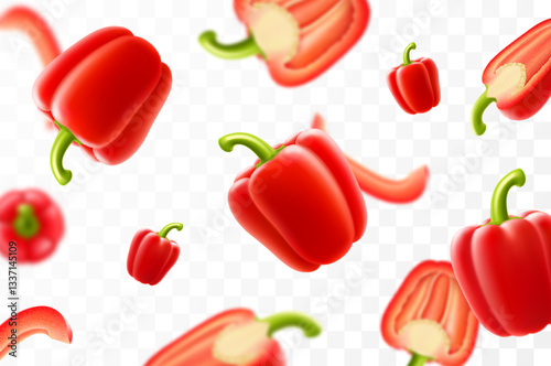 Falling bell pepper isolated on transparent background. Сhopped pieces of red Bulgarian pepper flying, selective focus. Can be used for advertising, packaging, banner print. Realistic 3d vector design