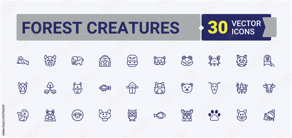 Wild Creatures icon set. Featuring wildlife, animal, wild, nature and more. Wildlife Animals modern icon. Outline icons collection. Vector line and solid icons. Wild Creatures icon set. Featuring wildlife, animal, wild, nature and more. Wildlife Animals modern icon. Outline icons collection. Vector line and solid icons.