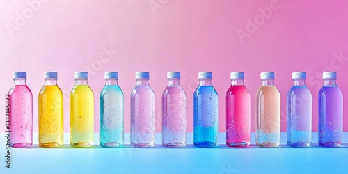 Colorful bottles lined up in a row. Each bottle features a vibrant hue. This image showcases freshness and variety. Perfect for beverage marketing and product displays. AI