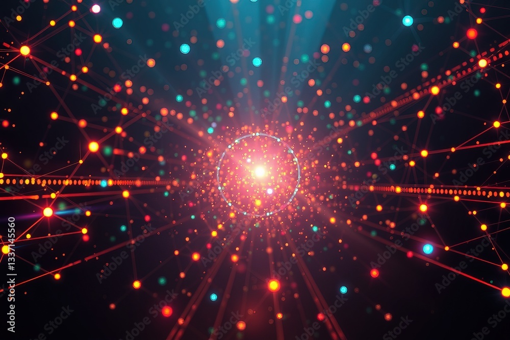 Naklejka premium Abstract representation of a cosmic energy field filled with colorful particles and glowing lines in a dark space environment