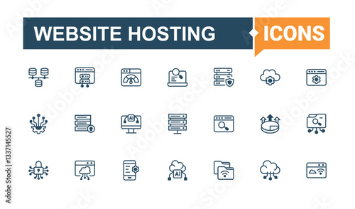 Website Hosting icon set. Includes symbols for storage, hosting, data, database, cloud computing, server and more. Web Hosting icon set in linear style. Editable vector outline and solid icons.