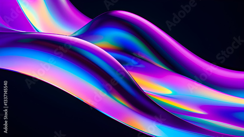 Abstract fluid holographic purple curved wave in dark background 3d render