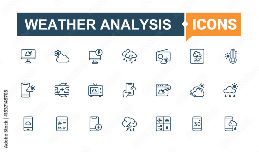 Weather Analysis icon set in linear style. Contains such icon as sun, nature, cloud, thunder, forecast and more. Weather Forecast icon set. Web icons. Vector line and solid icons. Weather Analysis icon set in linear style. Contains such icon as sun, nature, cloud, thunder, forecast and more. Weather Forecast icon set. Web icons. Vector line and solid icons.