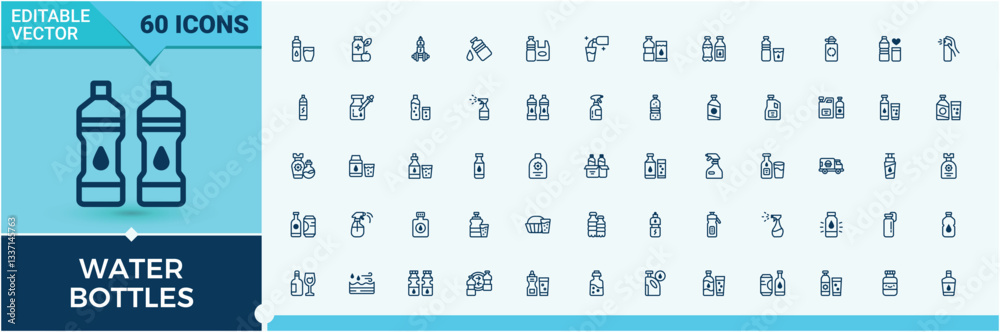 Water Bottles icon set. Related to water, beverage, bottle, liquid, plastic and more. Collection for mobile and web apps. Container icon set. Editable vector outline and solid icons. Water Bottles icon set. Related to water, beverage, bottle, liquid, plastic and more. Collection for mobile and web apps. Container icon set. Editable vector outline and solid icons.