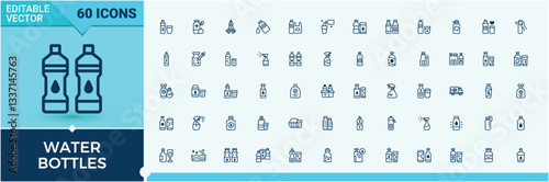 Water Bottles icon set. Related to water, beverage, bottle, liquid, plastic and more. Collection for mobile and web apps. Container icon set. Editable vector outline and solid icons.