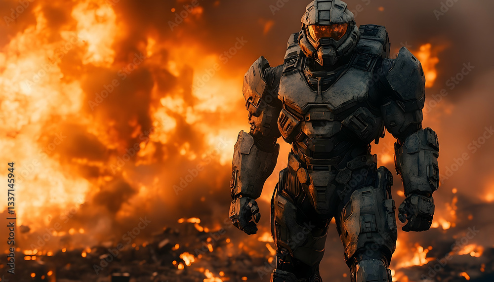 Armored figure amidst fiery devastation. Post-apocalyptic scene Armored figure amidst fiery devastation. Post-apocalyptic scene