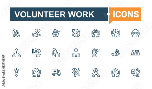 Volunteer Work icon set. Contains such icon as care, charity, help, unity, humanitarian, donate, support and more. Volunteering icon set. Minimal icons set. Conceptual pictogram and infographic.