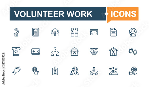 Volunteer Work icon set. Contains such icon as care, charity, help, unity, humanitarian, donate, support and more. Volunteering icon set. Minimal icons set. Conceptual pictogram and infographic.