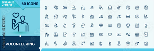 Volunteering vector icon set. Includes thin line unity, charity, support, donation, giving, assist, humanitarian and more. Expanded stroke. Volunteer linear icon. Vector line and solid icons.
