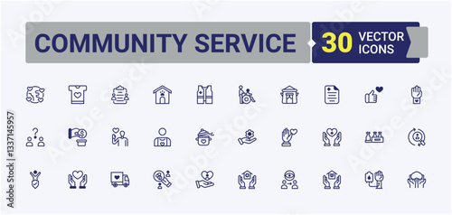 Community Service icon. Included assist, charity, help, unity, giving and more. Volunteering icon set. Isolated icons. Vector line and solid icons.