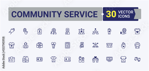Community Service icon. Included assist, charity, help, unity, giving and more. Volunteering icon set. Isolated icons. Vector line and solid icons.