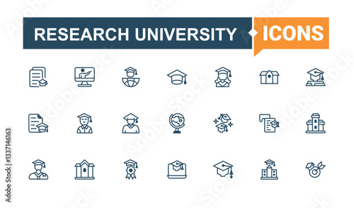 Research University icon. Included academic, learn, knowledge, diploma, learning, education and more. University line icon. Minimalist editable vector stroke.