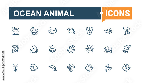 Ocean Animal modern icon set. Containing underwater, water, animal, aquarium, fish and more. Underwater Animal modern icon set. Expanded stroke. Solid line editable stroke. Vector collection.