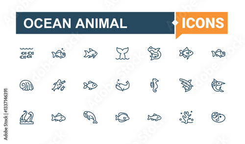 Ocean Animal modern icon set. Containing underwater, water, animal, aquarium, fish and more. Underwater Animal modern icon set. Expanded stroke. Solid line editable stroke. Vector collection.