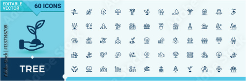 Tree icon set. Contain linear sign gardening, landscape, forest, nature and more. Perfect for logos and infographic. Eco icon pack. Solid line editable stroke. Vector collection.