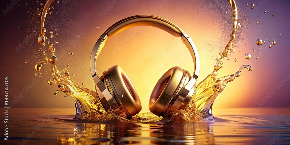 Fototapeta premium Luxury Gold Headphones Minimalist Splash Water Pastel Background