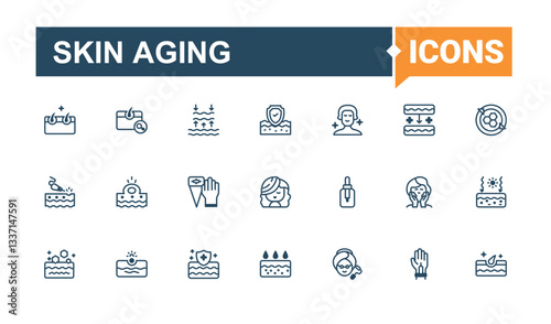 Skin Aging related icon set. Featuring face, dermatology, care, skin, wrinkle and more. Wrinkles And Skin icon. Icons for UI. Vector line and solid icons.