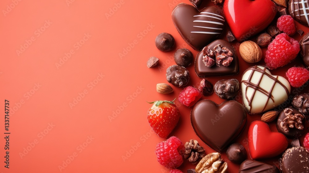 An appealing collection of gourmet chocolates, nuts, and fresh raspberries arranged beautifully, symbolizing a sweet treat that captures joy and the art of indulgence. An appealing collection of gourmet chocolates, nuts, and fresh raspberries arranged beautifully, symbolizing a sweet treat that captures joy and the art of indulgence.