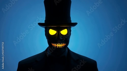 Mysterious Figure in Top Hat with Glowing Eyes and Sinister Grin Stands Against Blue Background, Creating Eerie and Haunting Atmosphere with Shadowy Silhouette