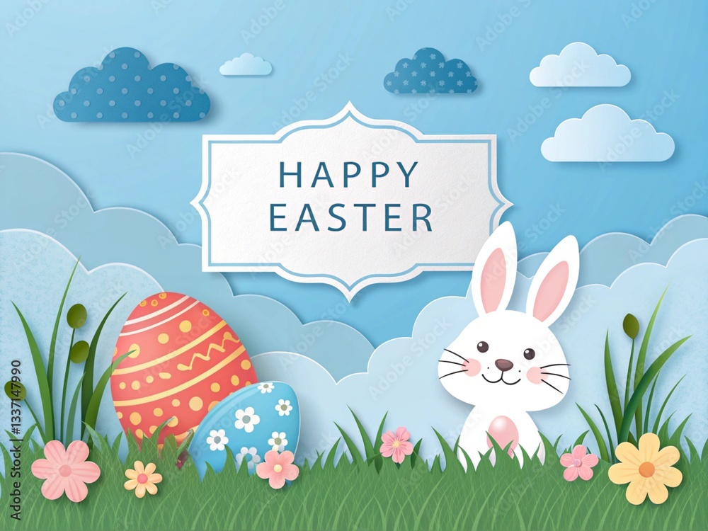 A cute white bunny peeks out over a wavy banner, surrounded by paper-cut style clouds and decorated Easter eggs. The pastel color palette gives it a light, festive feel A cute white bunny peeks out over a wavy banner, surrounded by paper-cut style clouds and decorated Easter eggs. The pastel color palette gives it a light, festive feel