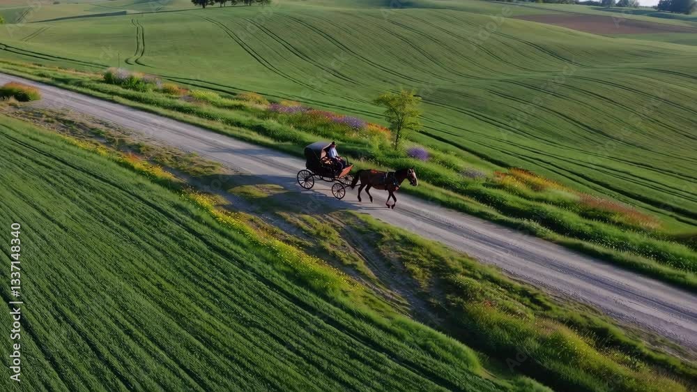 Horse-drawn carriage travels through lush farmland in a peaceful countryside setting