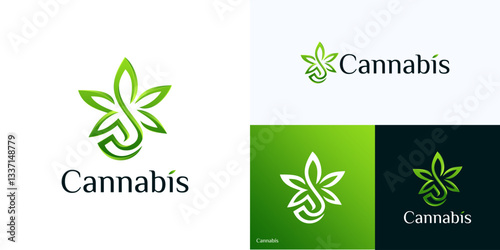 Creative cannabis leaf logo icon design, Cannabis combination with leaves for organic nature, Marijuana hemp weed leaf for herbal CBD with line art style and gradient green color, Vector inspiration