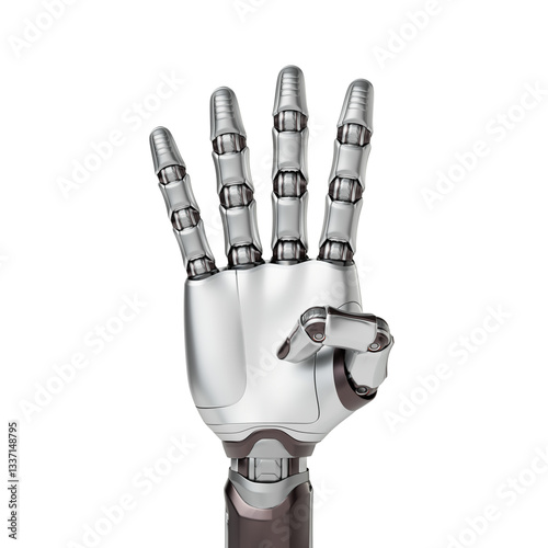 A robotic hand showing five fingers, symbolizing AI, automation, and human-robot collaboration. Represents futuristic technology, cybernetics, and artificial intelligence. 3D Render