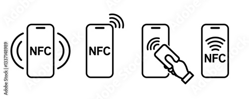 NFC wireless payment set icon, phone tap pay, contactless payment, credit card tap pay wave logo, near field communication sign, contactless pay pass fast payment symbol, smart key card contact nfc